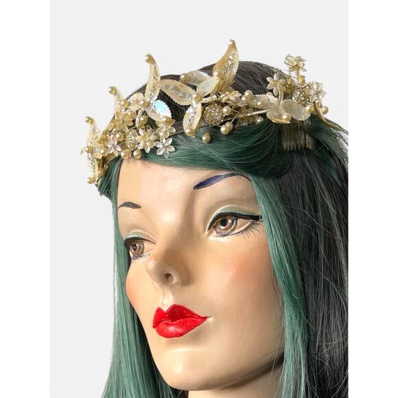 Mid Century Crown Tiara Shell Pearl Floral Headpiece Vintage Wedding MCM Prom main image 10